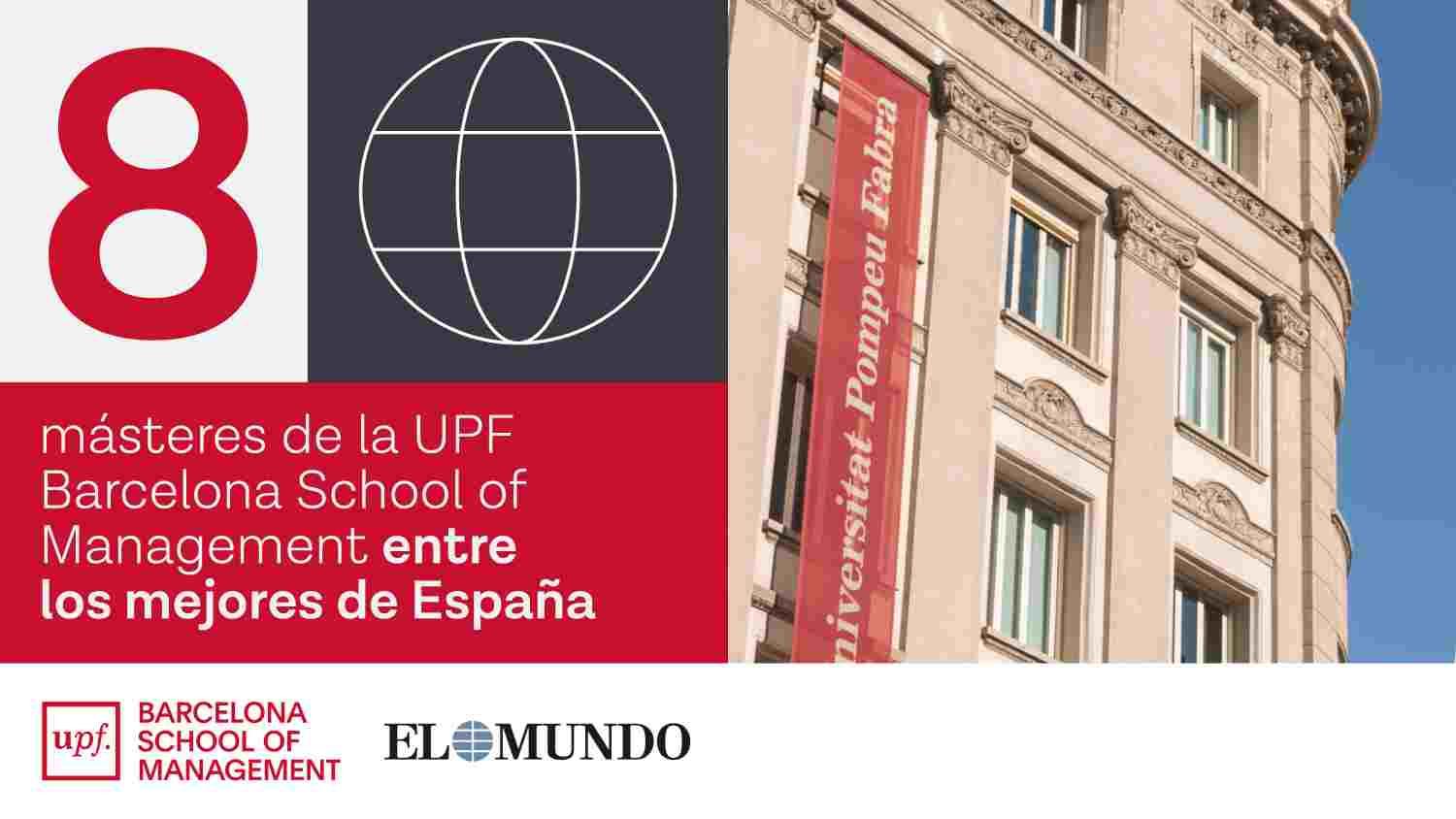Portada anunciando los masters que han aparecido este año en el ranking del mundo, se ve el número, el edificio de la UPF-BSM y un icono del globo terráqueo